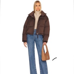 Line and dot chocolate brown puffer jacket